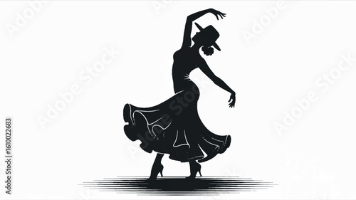 Dynamic black and white silhouette of a flamenco dancer in motion