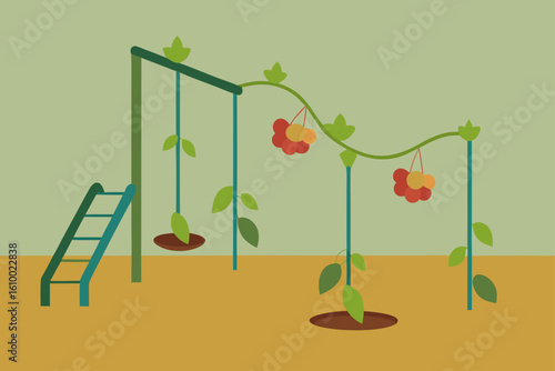 Whimsical playground with hanging fruits and swings