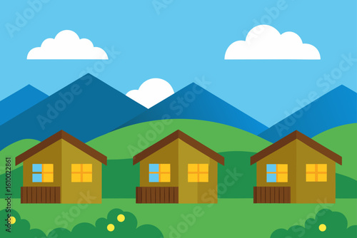 Three cozy cabins in a mountainous landscape