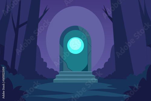 Mysterious glowing portal in a dark enchanted forest at twilight