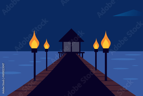 Pier with torches and hut at night