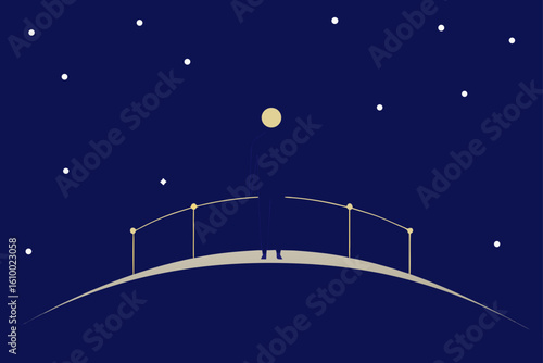Solitary figure on a bridge under a starry night sky