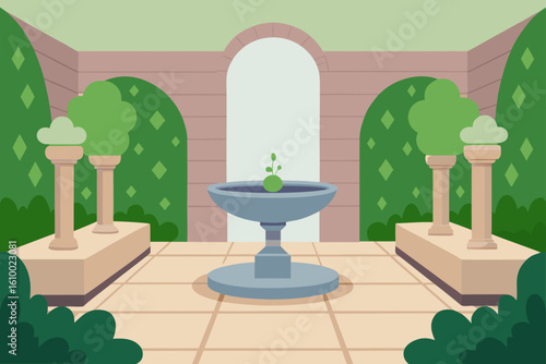 Tranquil garden courtyard with fountain and sculptural trees