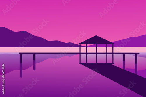 Minimalist purple lake scene with a wooden pier and gazebo