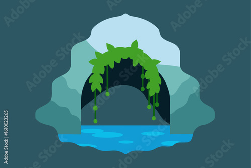 Enchanting cave entrance with hanging vines and a serene pool