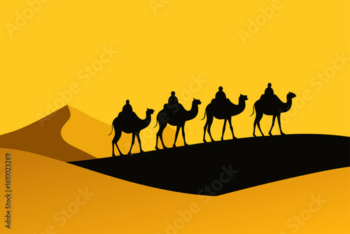 Silhouettes of camels and riders crossing a desert landscape
