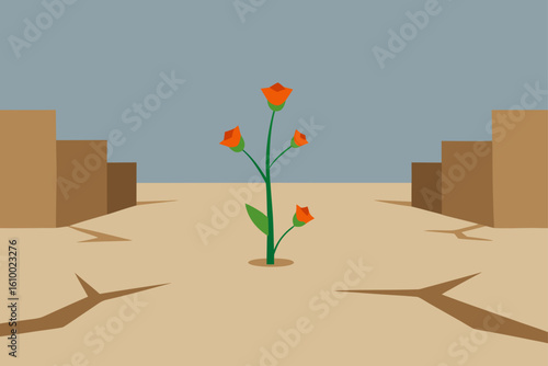 A lone flower blooms in a dry cracked landscape with abstract buildings