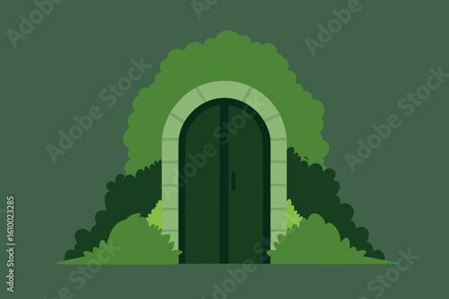 Hidden archway doorway surrounded by lush green bushes