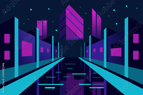 Futuristic cityscape with neon lights and reflections