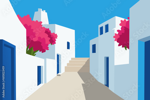 Charming greek alleyway with white buildings and pink flowers
