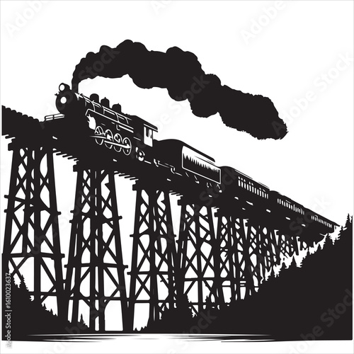 A silhouette illustration of a vintage steam train crossing a high wooden trestle bridge, billowing smoke.