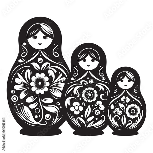 Elegant Black and White Matryoshka Doll Illustration