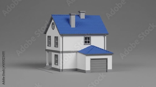 Wallpaper Mural A two story house with a blue roof and white walls stands on a gray surface in a studio setting Torontodigital.ca