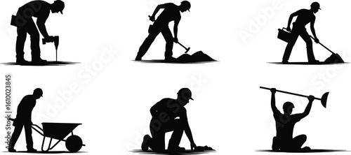 Construction worker silhouettes, manual labor, digging, using tools, wheelbarrow, construction site, hard work, building foundation, laborer activities