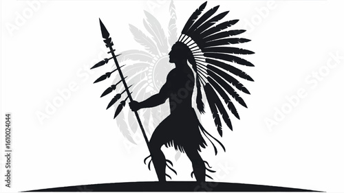 Silhouette of a native american warrior in traditional headdress and regalia