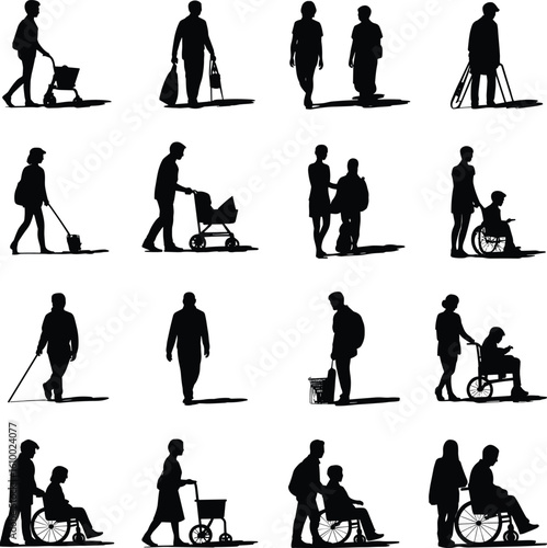Disabled people silhouettes, walking aids, wheelchairs, caregivers helping, disability support, elderly assistance, mobility challenges, inclusive lifestyle concept
