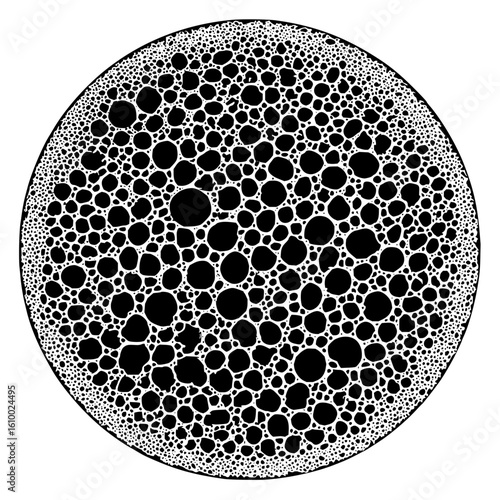 Circular arrangement of varying sized black circles with white outlines on a white background design element