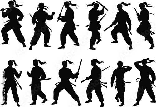 Martial arts fighters silhouettes, ninja warriors in action poses, self-defense training, combat stances, karate, kung fu, dojo