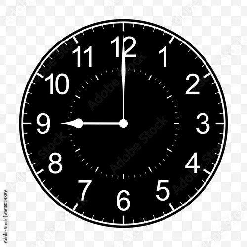 Vector illustration of nine o clock icon sign and symbol. Black icons on transparent background