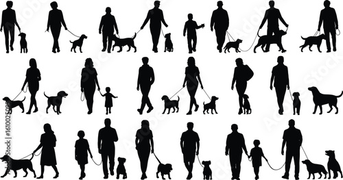 People walking dogs silhouettes, family pet walk illustration, man woman child with dog, animal lover outdoor activity
