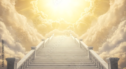Serene Stairway to Heaven: Golden Clouds, Marble Steps, Spiritual Ascent