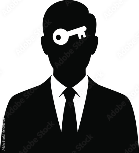 Silhouette of businessman with key inside head, concept of knowledge, idea, solution, success, innovation, mind, thinking, strategy