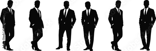 Silhouette of business men standing, formal suit pose, confident male figure, corporate attire, professional businessman illustration, isolated black