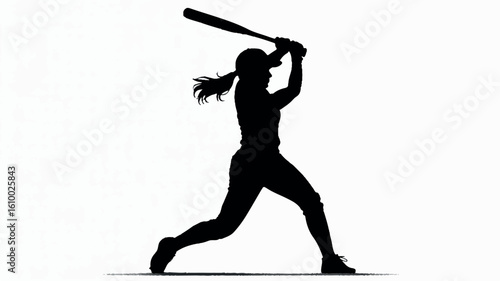 Black silhouette of a female softball player in a batting stance on a white background