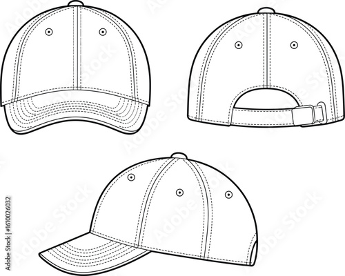 Baseball cap technical flat sketch vector, front back side view, adjustable strap design, fashion accessory illustration for apparel mockup