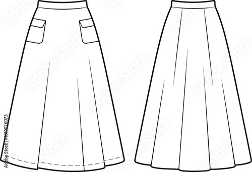 A-line maxi skirt technical flat sketch, front and back view, with pockets, fashion apparel design vector for clothing template