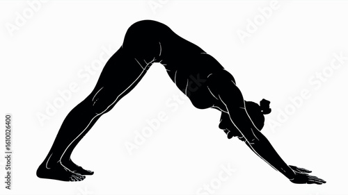 Black silhouette of a person in downward dog yoga pose on a clean white background
