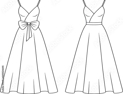 Elegant long evening dress technical flat sketch, front and back view with spaghetti straps, bow detail, fashion design vector template