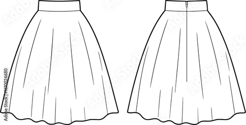 Flared midi skirt flat fashion sketch with waistband and zipper, technical vector illustration front and back design for apparel