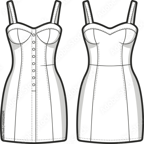 Fitted bodycon mini dress technical flat sketch with sweetheart neckline, front buttons, back view, fashion garment vector illustration design