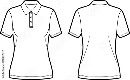 Flat sketch of women’s polo t-shirt with collar, short sleeves, front and back view, fashion vector template, apparel design