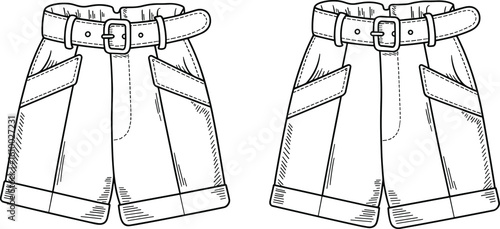 Flat vector illustration of belted high waist shorts with cuffed hem, cargo pockets, front pleats, technical fashion flat sketch