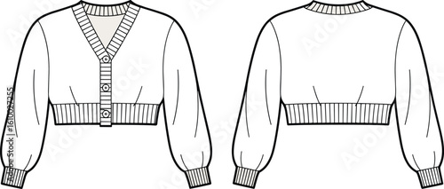 Flat vector illustration of cropped cardigan sweater with long puff sleeves, ribbed cuffs, v-neck button front, technical fashion sketch
