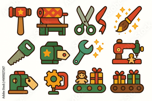 Elf Workshop Tool Icons, Flat Design Christmas Craft Set