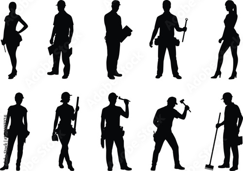 Silhouettes of male and female construction workers, holding tools, professional staff, labor team, builder crew, isolated vector illustration design