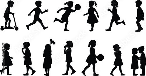 Silhouettes of playful children running, riding scooter, holding ball, walking, talking, and interacting, happy kids outdoor activity, childhood fun, diverse kids playtime