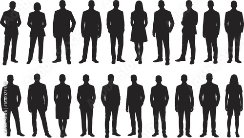 Silhouettes of professional business people standing, confident men and women in formal attire, teamwork, leadership, corporate group, diversity, unity