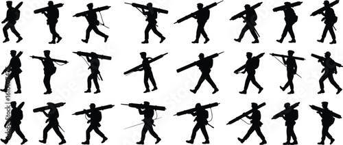 Silhouettes of soldiers walking, carrying rocket launchers, military gear, combat pose, army men, weapon equipment, isolated, vector illustration, war