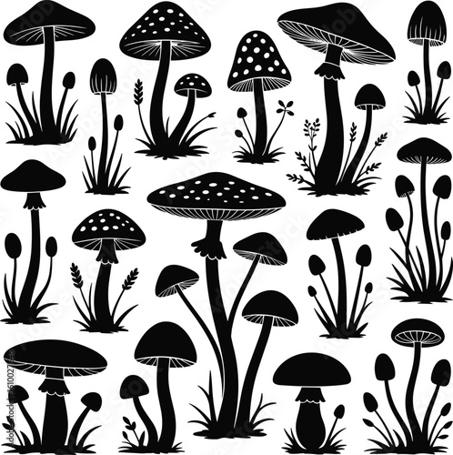 Silhouettes of wild mushrooms growing in grass field, nature inspired botanical illustration, fungi collection for forest decor