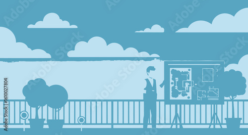 Architect presenting a blueprint on a terrace overlooking a cloudy cityscape creating a serene and