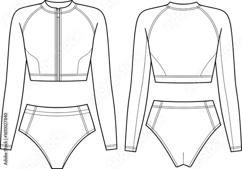 Long sleeve bikini swimsuit flat sketch, front and back technical drawing, high waist bottom, zip up crop top, fashion design