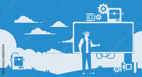 Innovation showcase: A graphic design presenting a man working with 3D printing technology