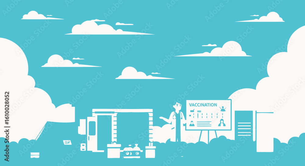 Obraz premium Cartoon illustration promoting vaccination with doctor and vaccination truck