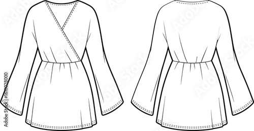 long sleeve wrap tunic top fashion flat sketch, women blouse technical drawing, flared sleeve wrap top design illustration