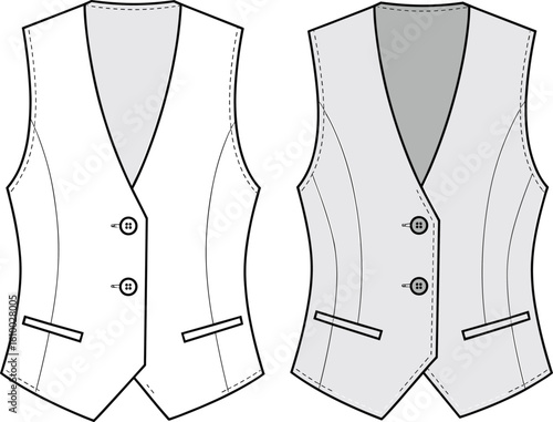 Men’s formal waistcoat vector, flat fashion sketch, two-button vest design front and back view, tailored garment technical drawing