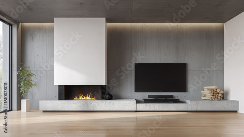 sala de estar lujosa de una villa de diseño con chimenea moderna de lineas rectas con fuego encendido y television plana al lado, paredes de cemento y tonos claros y acogedores con muebles bajos 